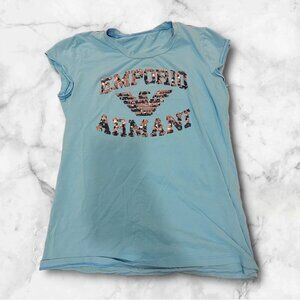 Emporio Armani Blue Woman's Sequin Short Sleeve T-Shirt Logo Size 44 Medium Top